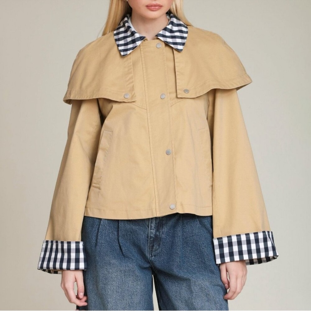 Avec Les Filles Gingham Trim Cape Trench Jacket Khaki Tan XS NWT - Picture 8 of 12